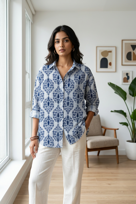 INDIGO HANDBLOCKED COTTON PRECUT 2.5M FABRIC