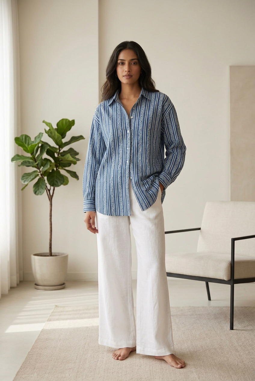 INDIGO HANDBLOCKED COTTON PRECUT 2.5M FABRIC