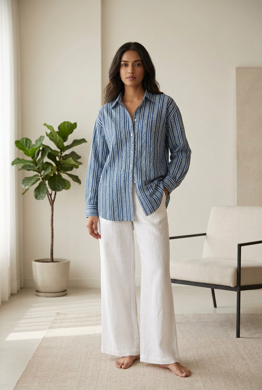 INDIGO HANDBLOCKED COTTON PRECUT 2.5M FABRIC