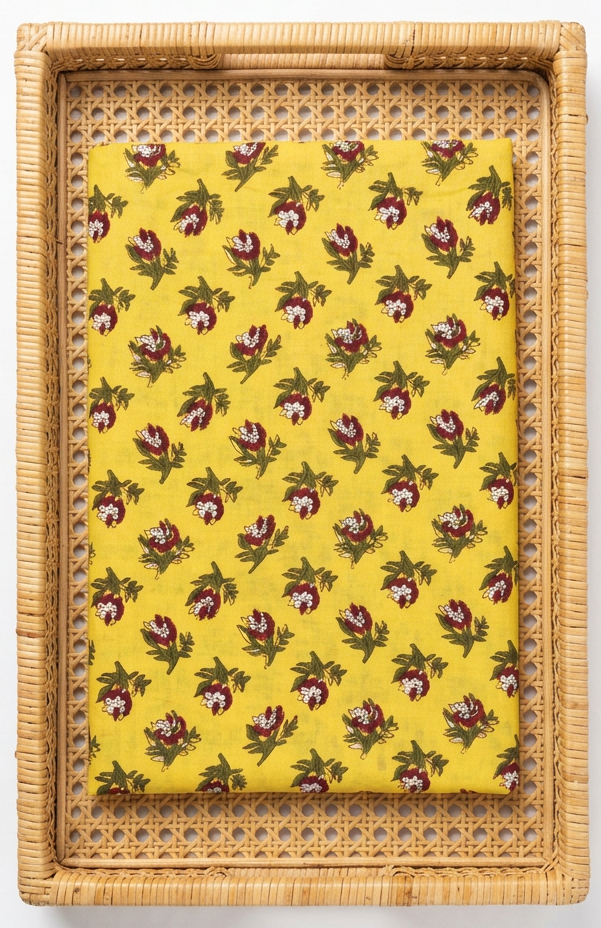 YELLOW   HANDBLOCKED COTTON PRECUT 2.5M FABRIC