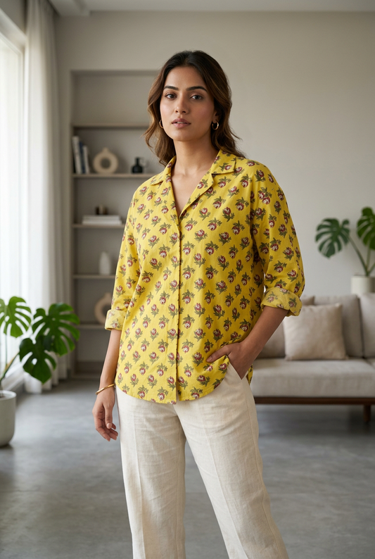 YELLOW   HANDBLOCKED COTTON PRECUT 2.5M FABRIC
