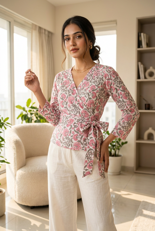 PINK FLORAL HANDBLOCKED COTTON PRECUT 2.5M FABRIC