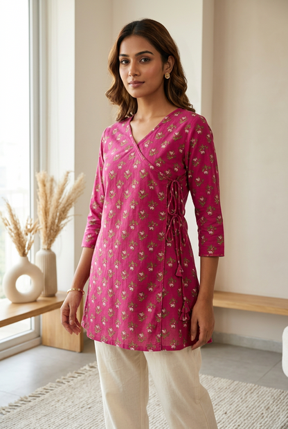 MAGENTA HANDBLOCKED COTTON PRECUT 2.5M FABRIC