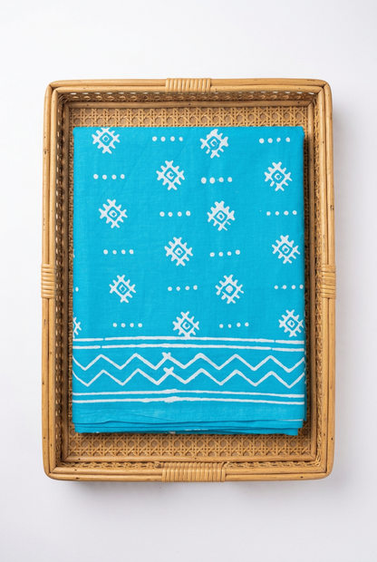 BLUE HANDBLOCKED COTTON PRECUT 2.5M FABRIC