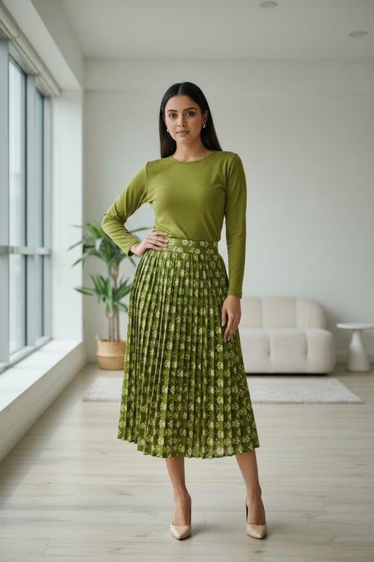 OLIVE GREEN HANDBLOCKED COTTON PRECUT 2.5M FABRIC