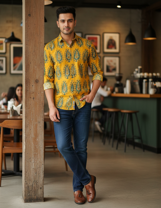 YELLOW - AJRAKH COTTON  RUNNING FABRIC