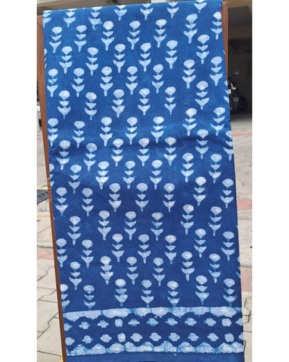 INDIGO HANDBLOCK  MULMUL SAREE