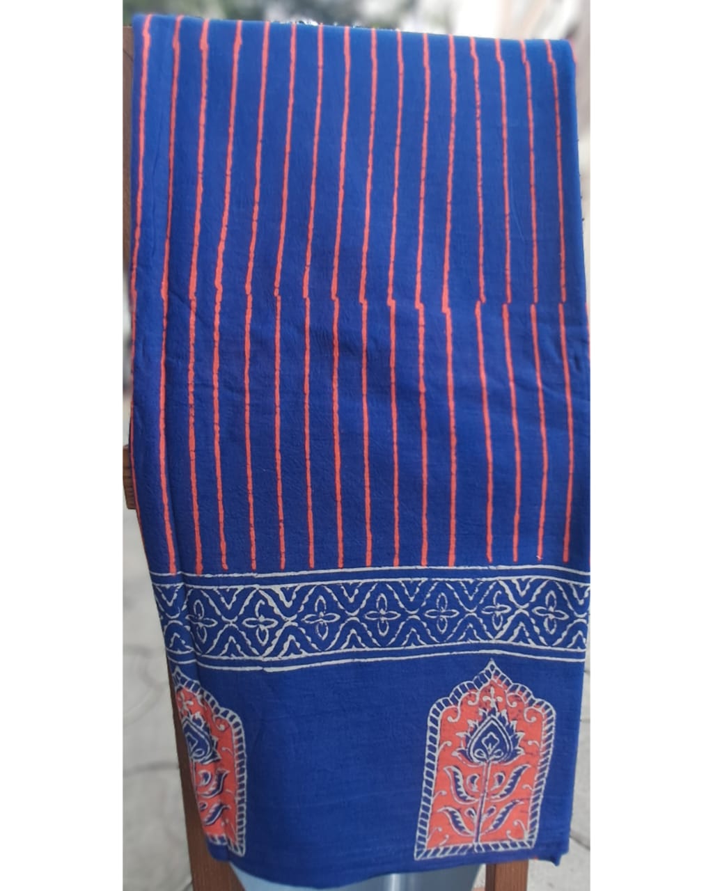 BLUE GEOMETRIC HANDBLOCK  MULMUL SAREE