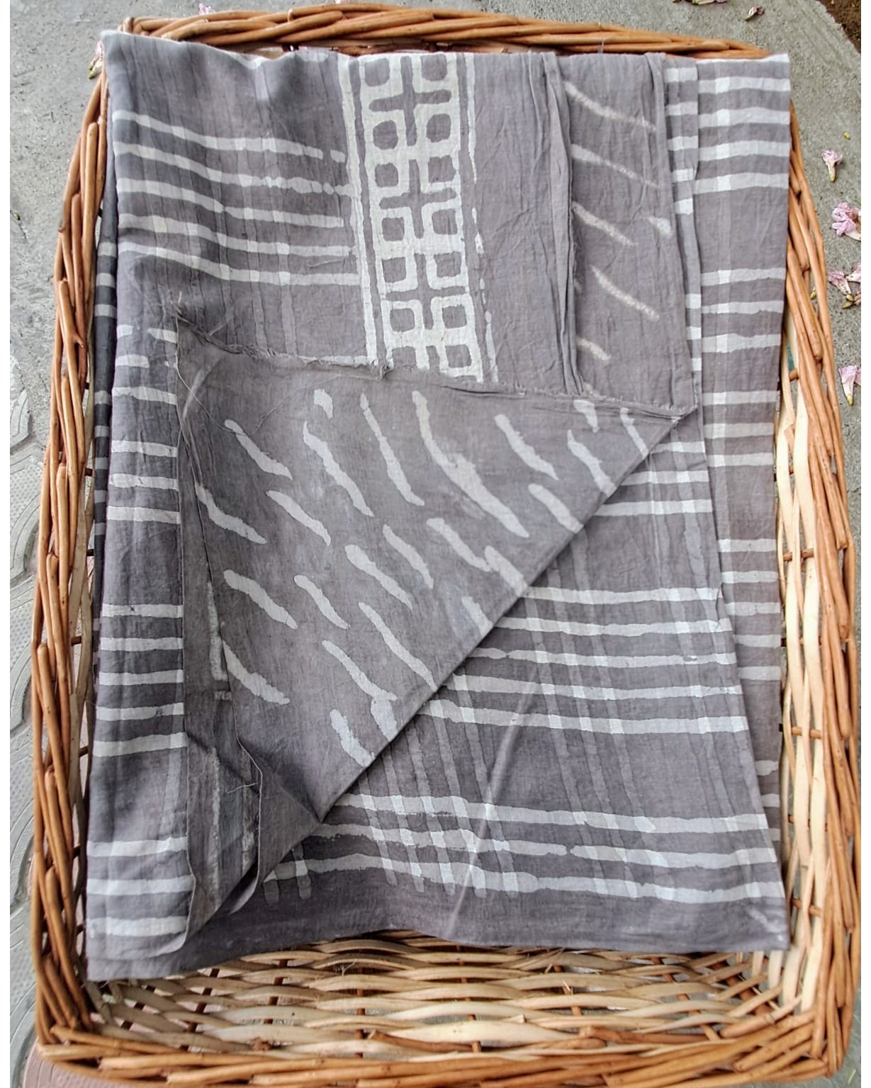 CHOCOLATE GREY HANDBLOCK  MULMUL SAREE