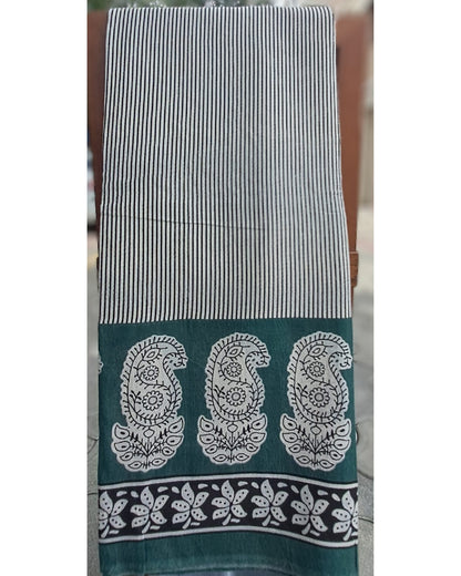 GREEN GEOMETRIC HANDBLOCK MULMUL SAREE