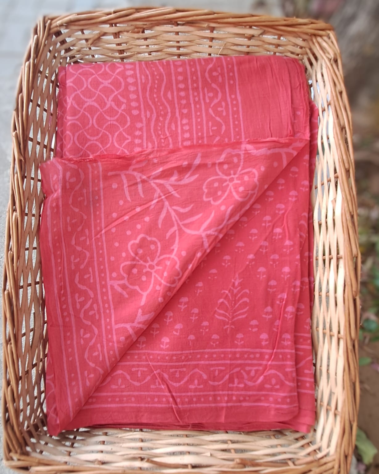 TOMATO RED COLOUR HANDBLOCK MULMUL SAREE