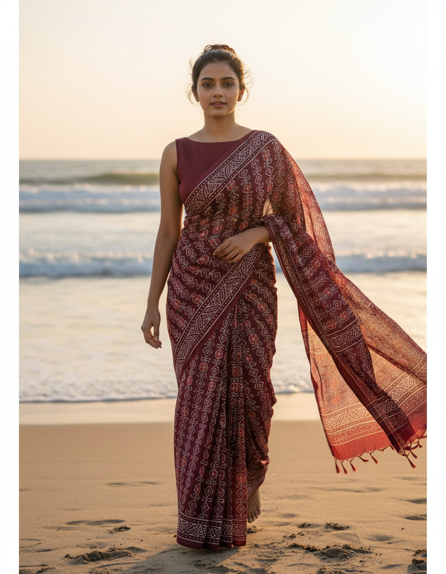 MAROON HANDBLOCK  MULMUL SAREE
