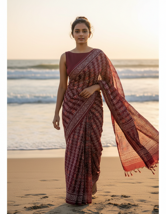 MAROON HANDBLOCK  MULMUL SAREE