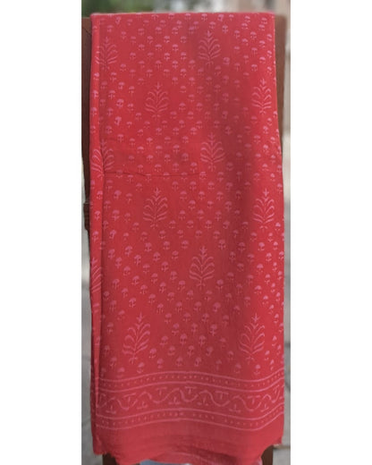 TOMATO RED COLOUR HANDBLOCK MULMUL SAREE
