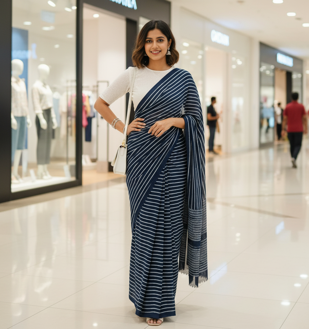 INDIGO HAND BLOCKED COTTON MUL MUL SAREE