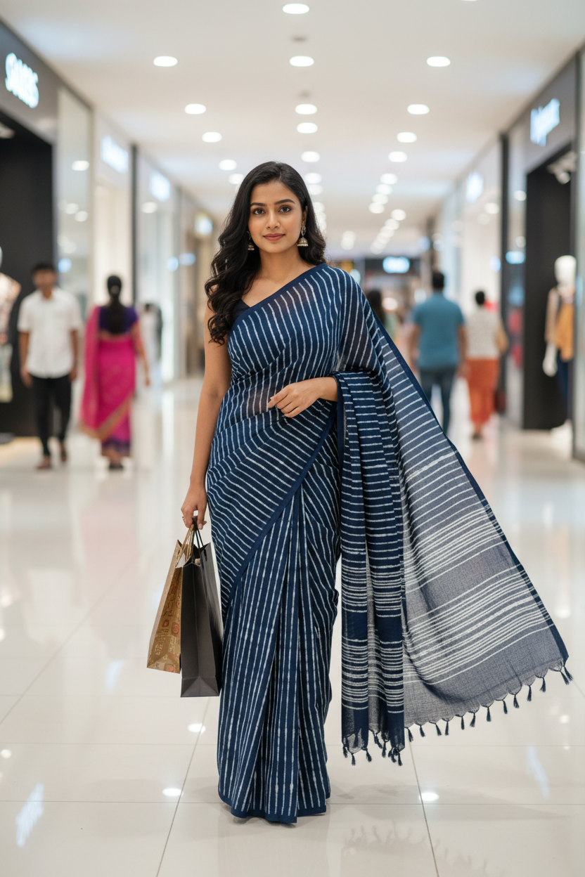 INDIGO HAND BLOCKED COTTON MUL MUL SAREE