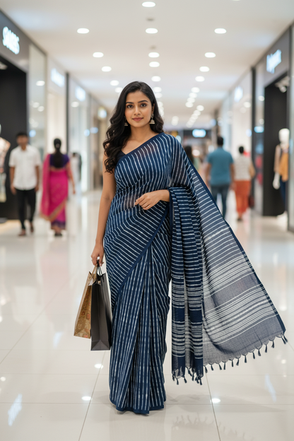 INDIGO HAND BLOCKED COTTON MUL MUL SAREE