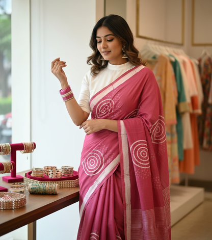 GRAPE PINK HAND BLOCKED COTTON MUL MUL SAREE