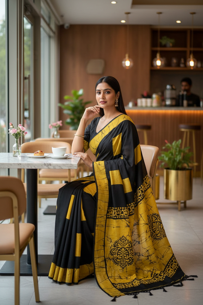 BLACK RANGOLI HANDBLOCK MUL MUL SAREE