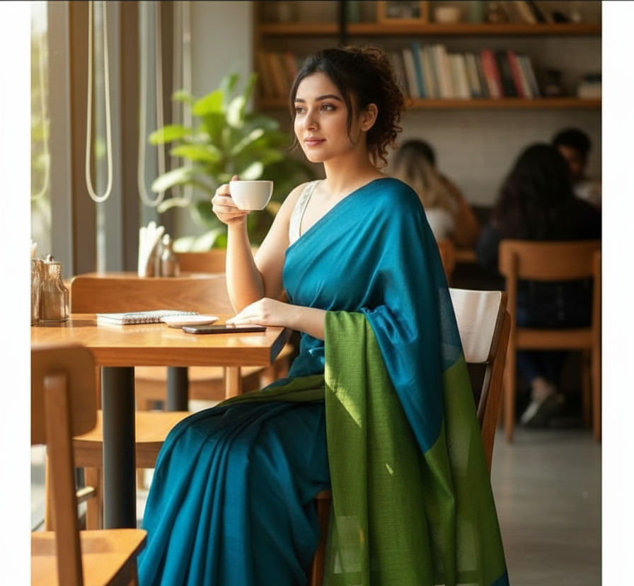 PEACOCK  BLUE & GREEN DUAL TONE KHADHI SAREE
