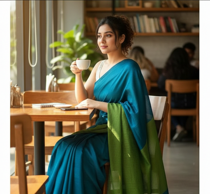 PEACOCK  BLUE & GREEN DUAL TONE KHADHI SAREE
