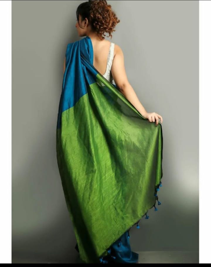 PEACOCK  BLUE & GREEN DUAL TONE KHADHI SAREE