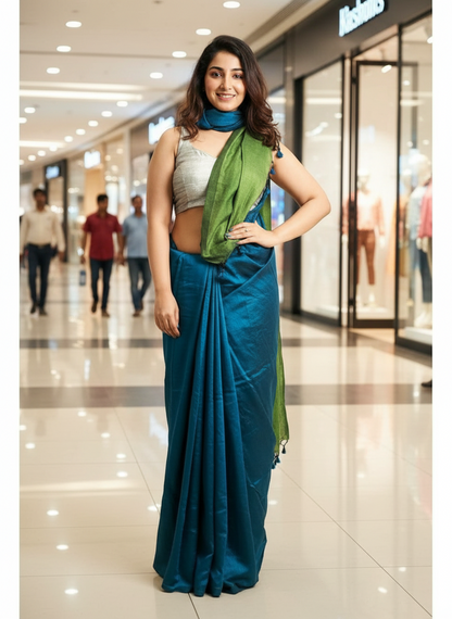 TEAL & GREEN DUAL TONE KHADHI SAREE