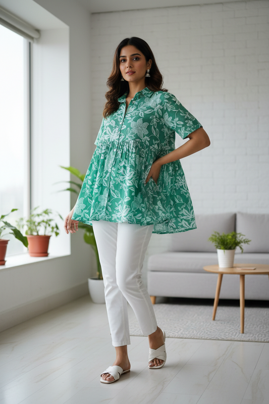 GREEN HANDBLOCKED COTTONPRECUT 2.5M FABRIC