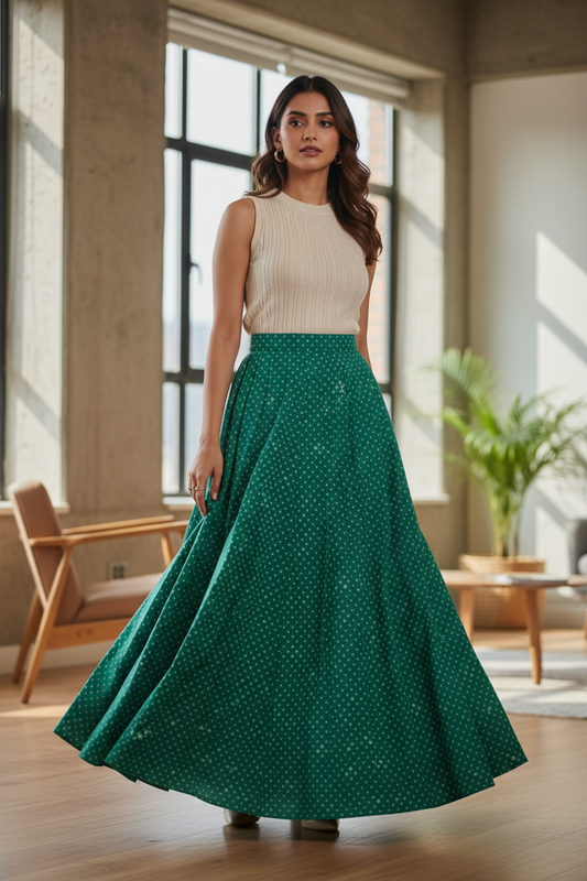 GREEN HANDBLOCKED COTTON PRECUT 2.5M FABRIC