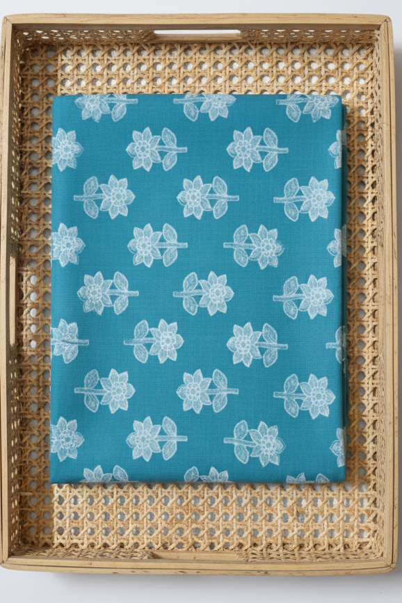 BLUE HANDBLOCKED COTTON PRECUT 2.5M FABRIC