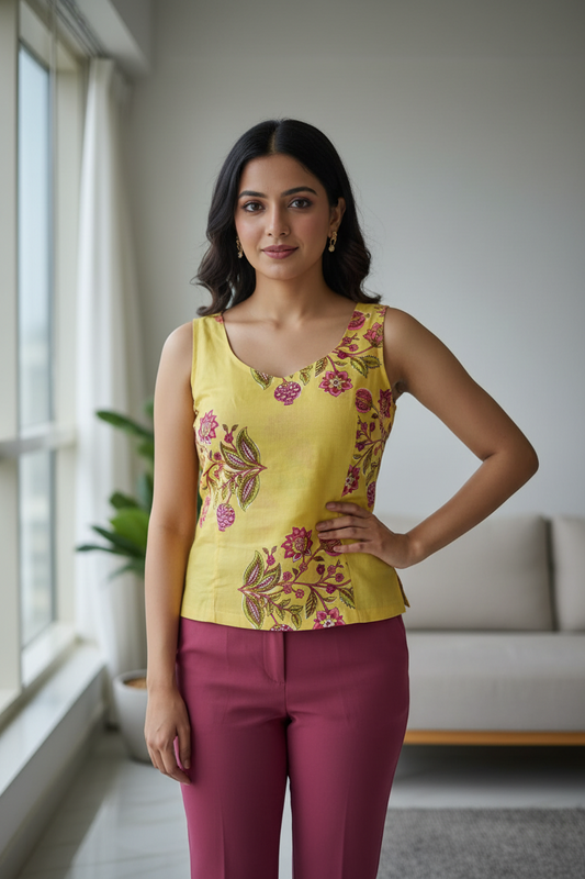 YELLOW HANDBLOCKED COTTON PRECUT 2.5M FABRIC