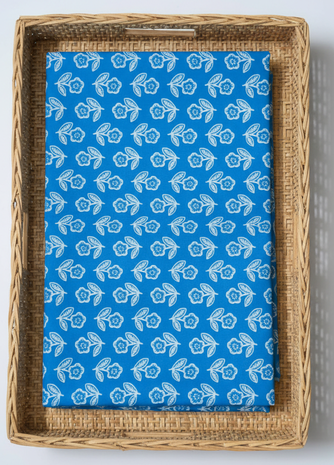 BLUE HANDBLOCKED COTTON PRECUT 2.5M FABRIC