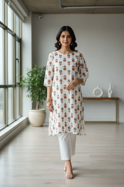IVORY HANDBLOCKED COTTON PRECUT 2.5M FABRIC