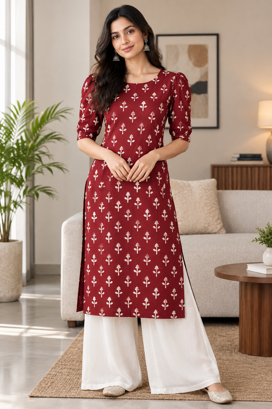 MAROON HANDBLOCKEDCOTTON 2.5 PRECUT FABRIC