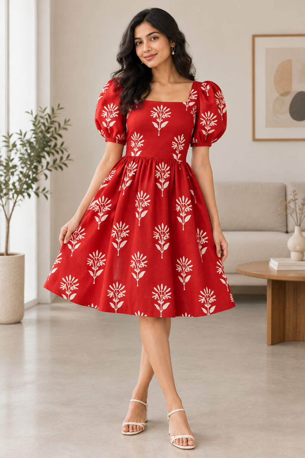 RED HANDBLOCKED COTTON 2.5M PRECUT FABRIC