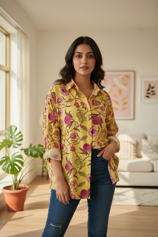 YELLOW HANDBLOCKED COTTON PRECUT 2.5M FABRIC