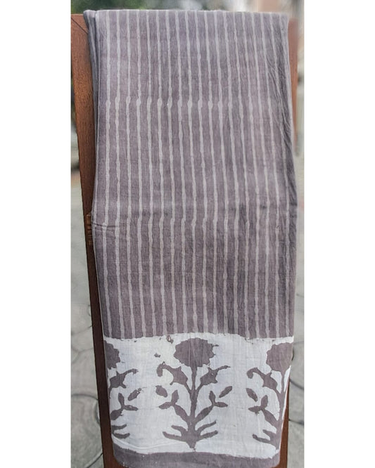 CHOCOLATE GREY HANDBLOCK MULMUL SAREE