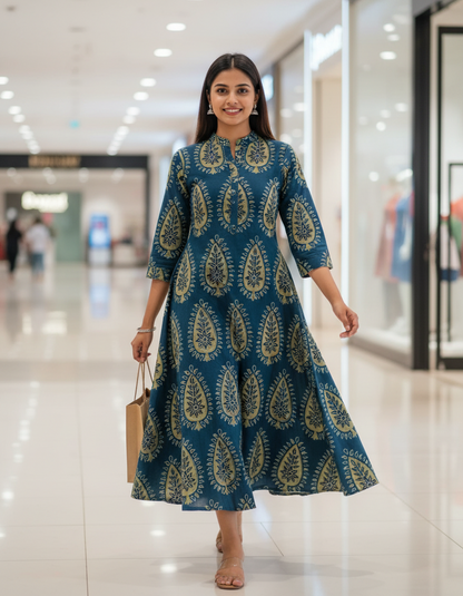 BLUISH GREEN -  AJRAKH  COTTON RUNNING FABRC