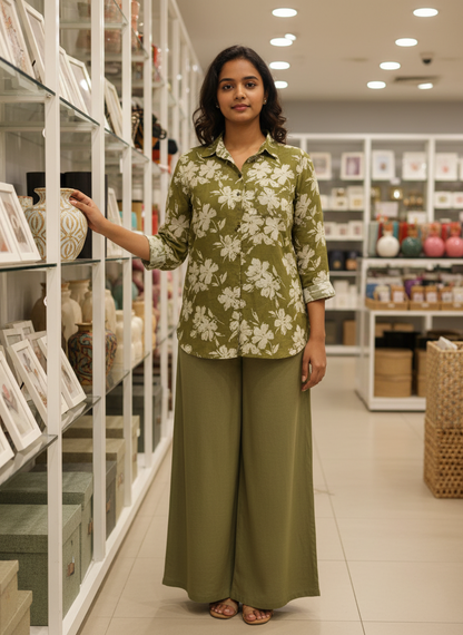 OLIVE GREEN HANDBLOCKED COTTON PRECUT 2.5 M FABRIC