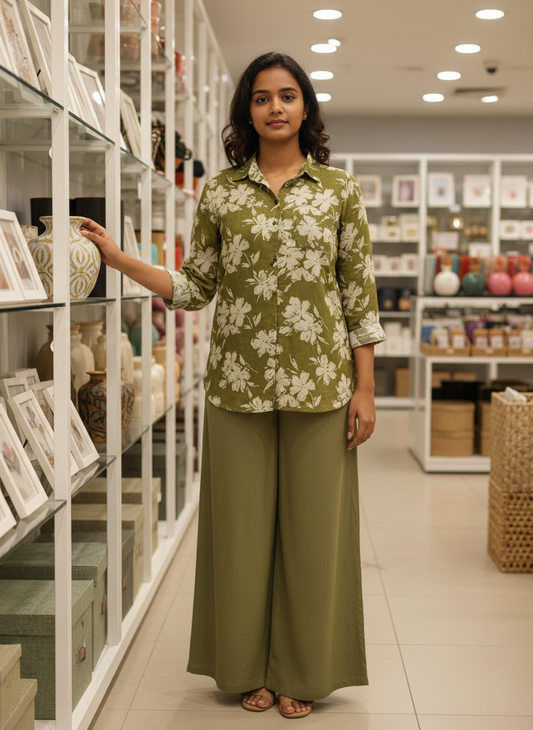 OLIVE GREEN HANDBLOCKED COTTON PRECUT 2.5 M FABRIC