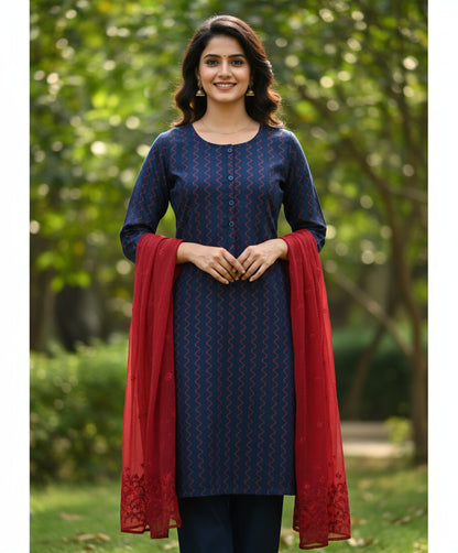 BLUE HANDBLOCKED COTTON PRECT 2.5M FABRIC