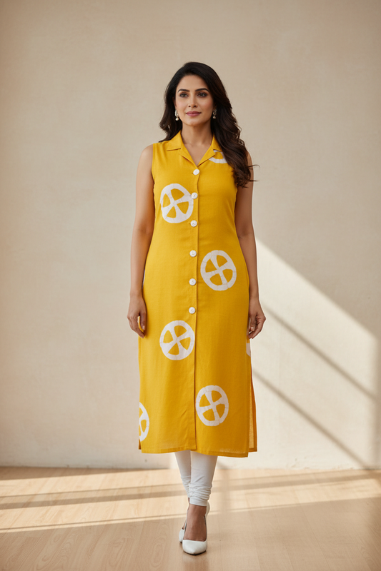 YELLOW HANDBLOCKED COTTON PRECUT 2.5M FABRIC