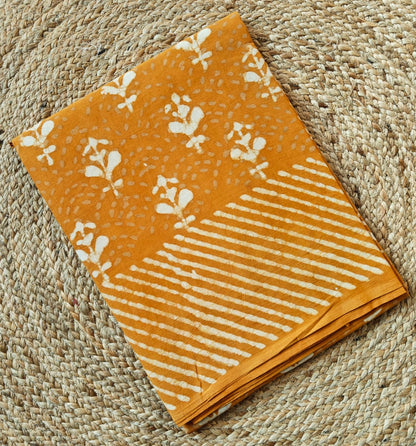 MUSTARD YELLOW HANDBLOCK MULMUL SAREE
