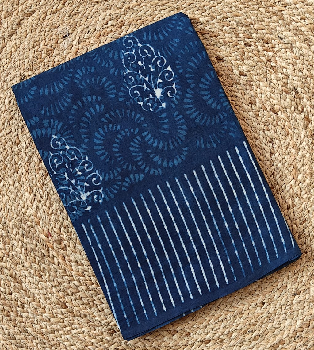 INDIGO HANDBLOCK MULMUL SAREE