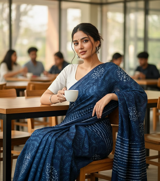 INDIGO HANDBLOCK MULMUL SAREE
