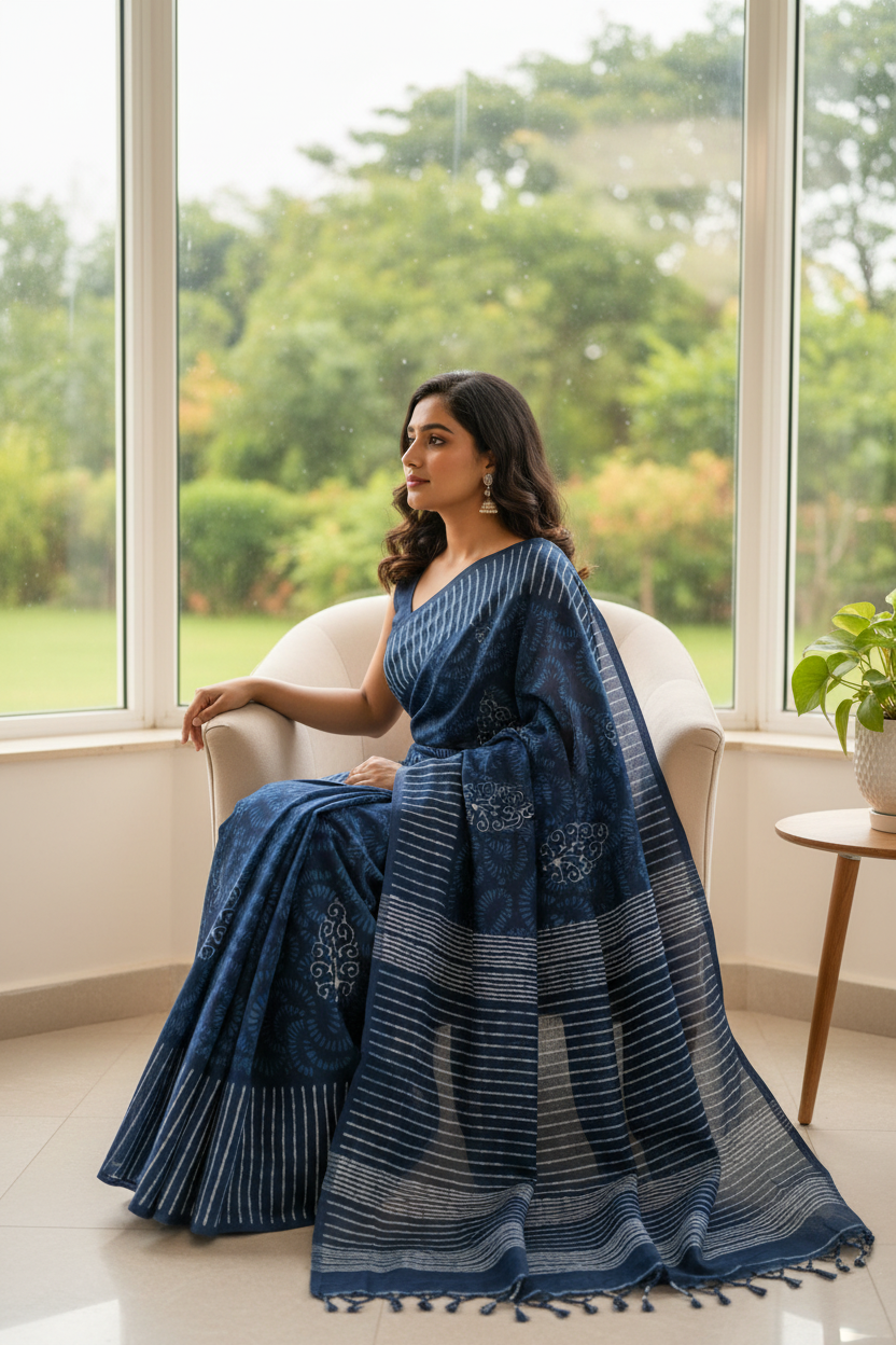 INDIGO HANDBLOCK MULMUL SAREE