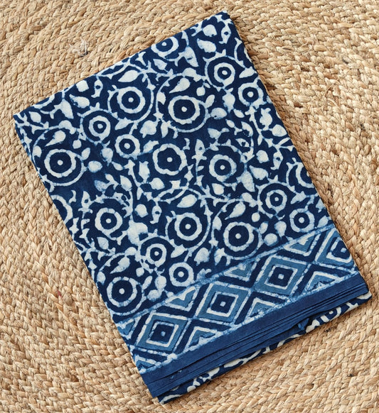 INDIGO HANDBLOCK MULMUL SAREE