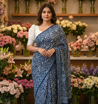 INDIGO HANDBLOCK MULMUL SAREE
