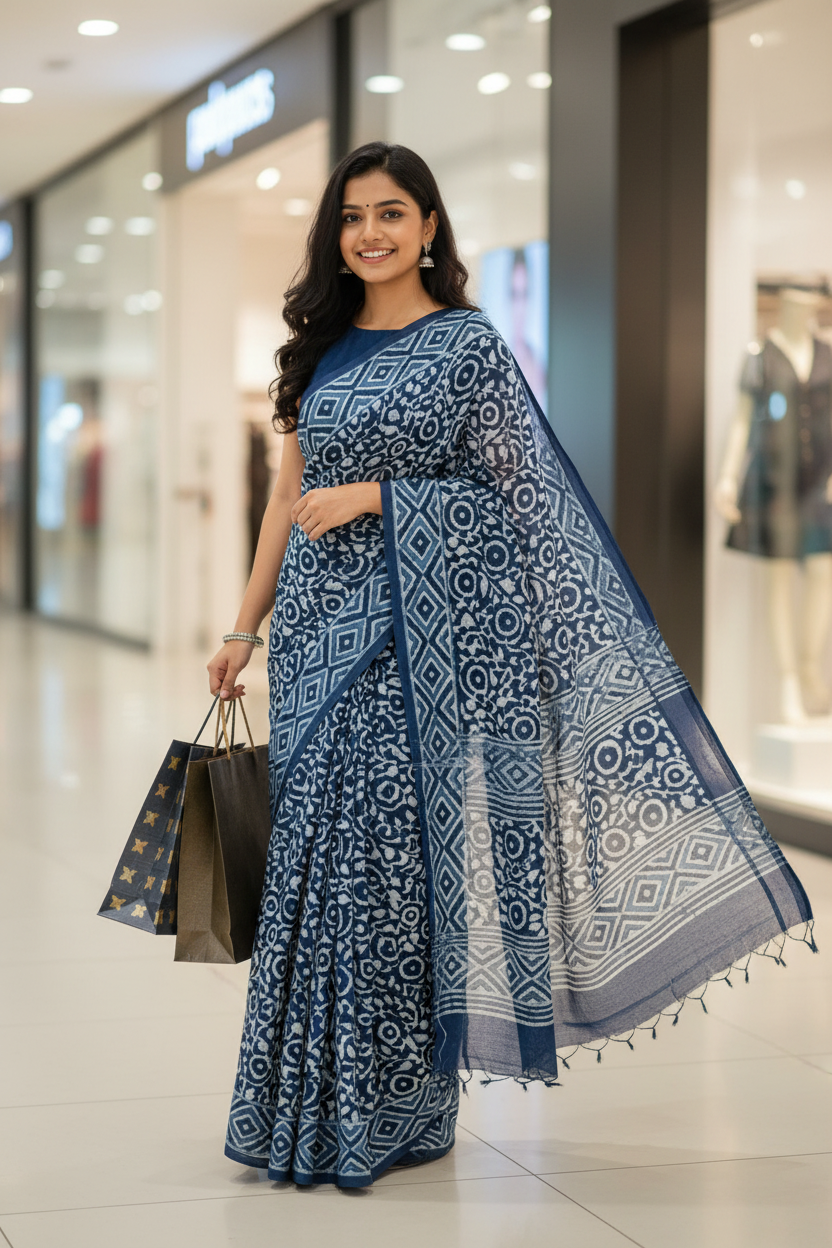 INDIGO HANDBLOCK MULMUL SAREE