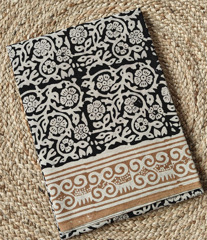 BLACK HANDBLOCK MULMUL SAREE